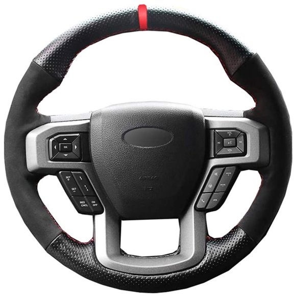 Black Perforated Leather & Suede Red Thread Auto DIY Steering Wheel Cover Hand-Stitch on Wrap Fit for Ford F150 Raptor