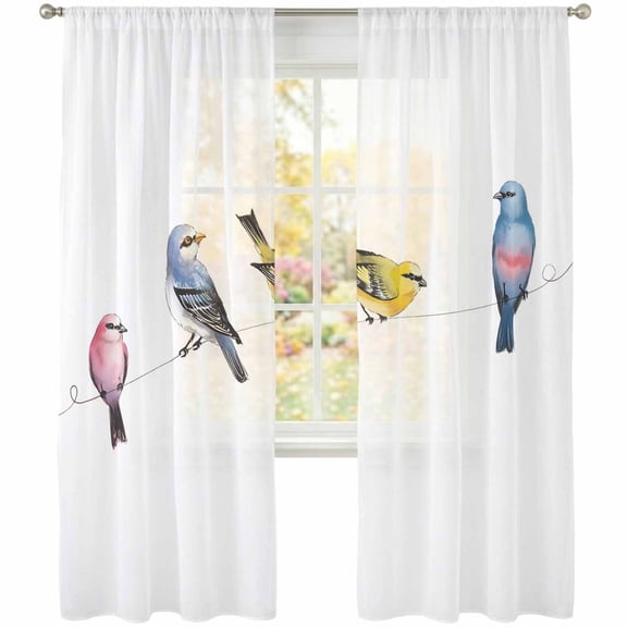 Spring Bird Sheer Curtains 108 Inch Long 2 Panels Vintage Watercolors Red Blue Yellow Light Filtering Rod Pocket Curtains, Sheer Voile Drapes for Living Room Bedroom 52"x108"