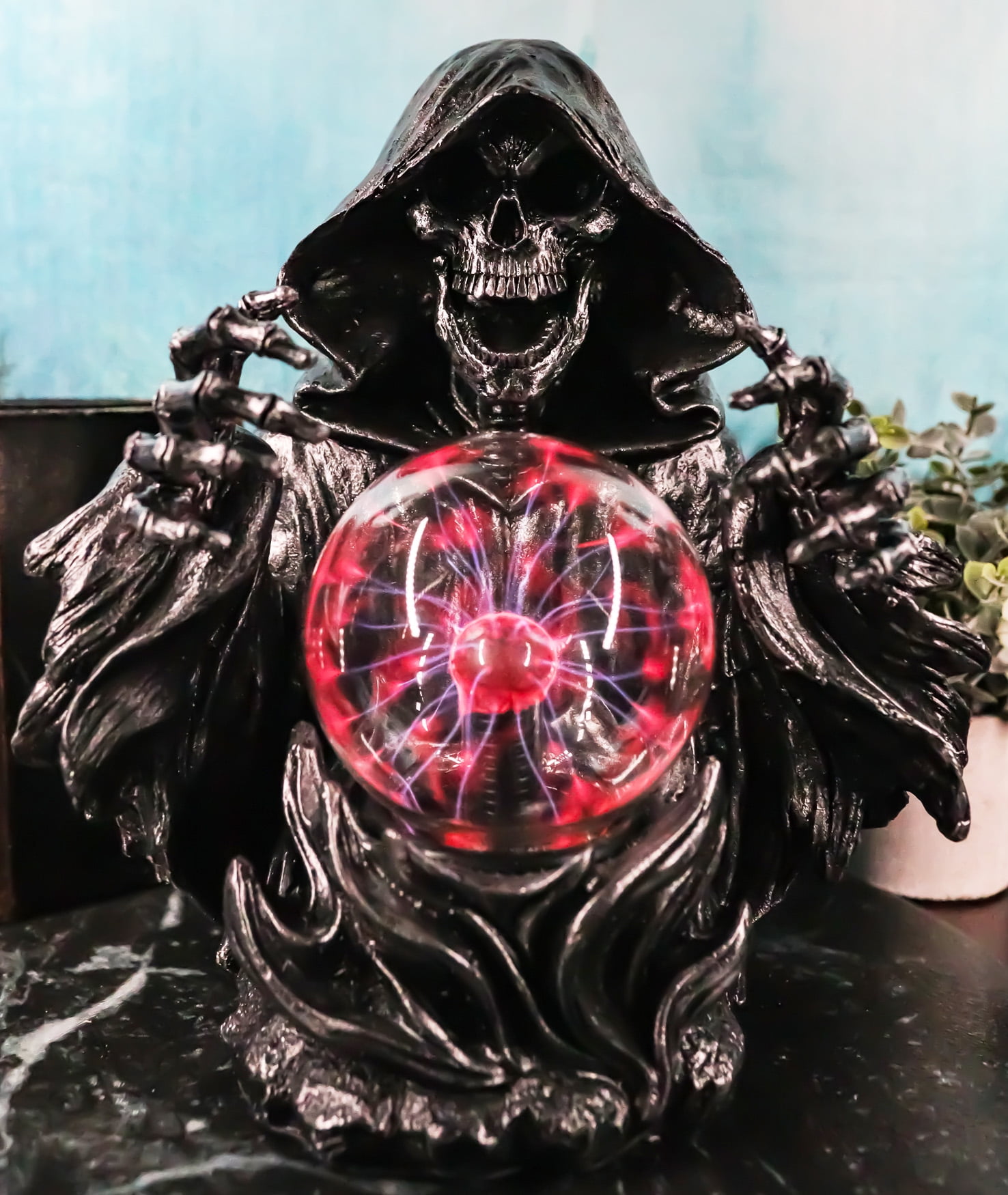 Gothic Alchemy Evil Grim Reaper Skeleton With Scrying Plasma Ball