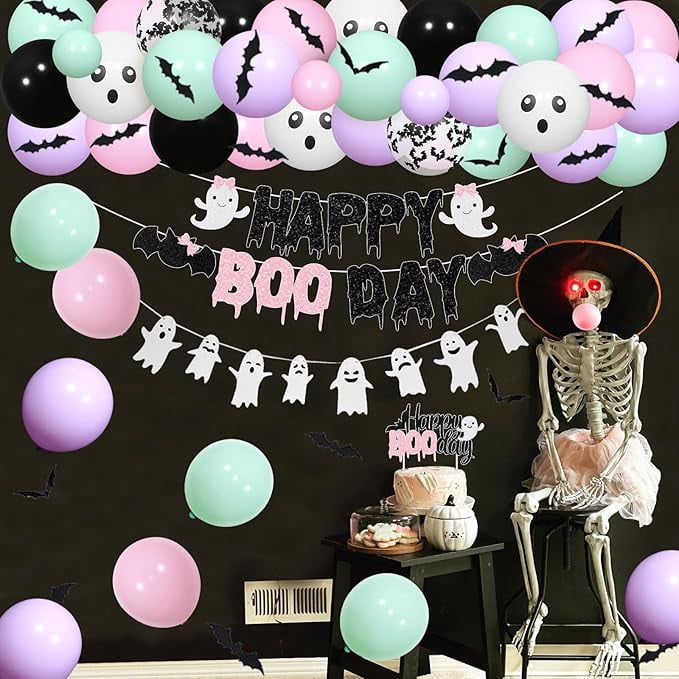 Pastel Halloween Birthday Decorations Happy Boo Day Balloon Garland Arch Kit for Girls Halloween Spooky Party Supplies