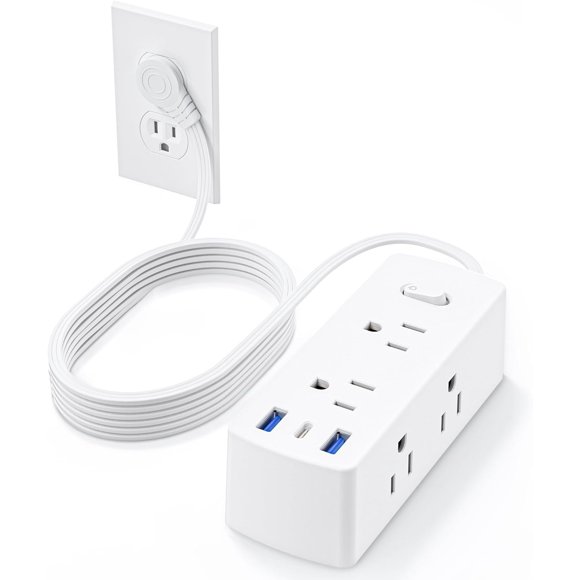 10-Foot Flat Extension Cord with 6 Outlets and 3 USB Ports (including 1 USB-C), 3-Sided Outlet Extender Surge Protector, White