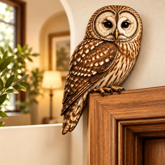 Wooden Owl Door Topper (Owl/Crow), Rustic Carved Bird Frame Decor, Whimsical Farmhouse Corner Wall Accent, Shelf Edges, Living Room & Doorway