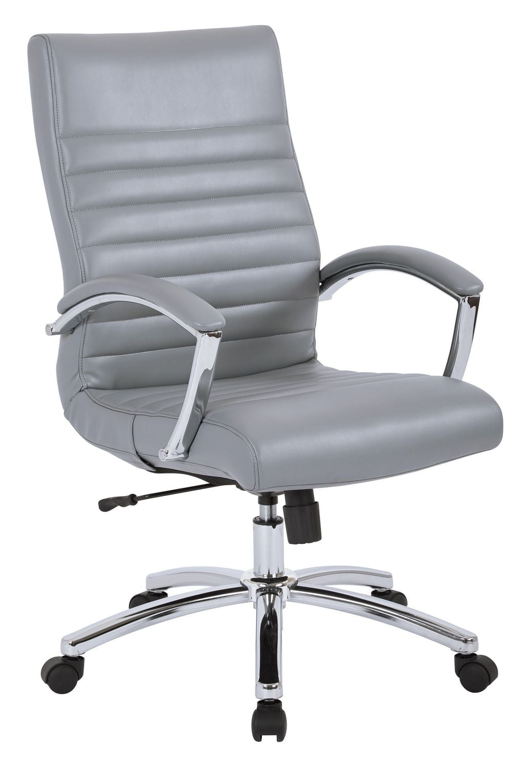 Fauteuil de direction, dossier mi-hauteur similicuir gris, accoudoirs rembourrés/piètement chromé