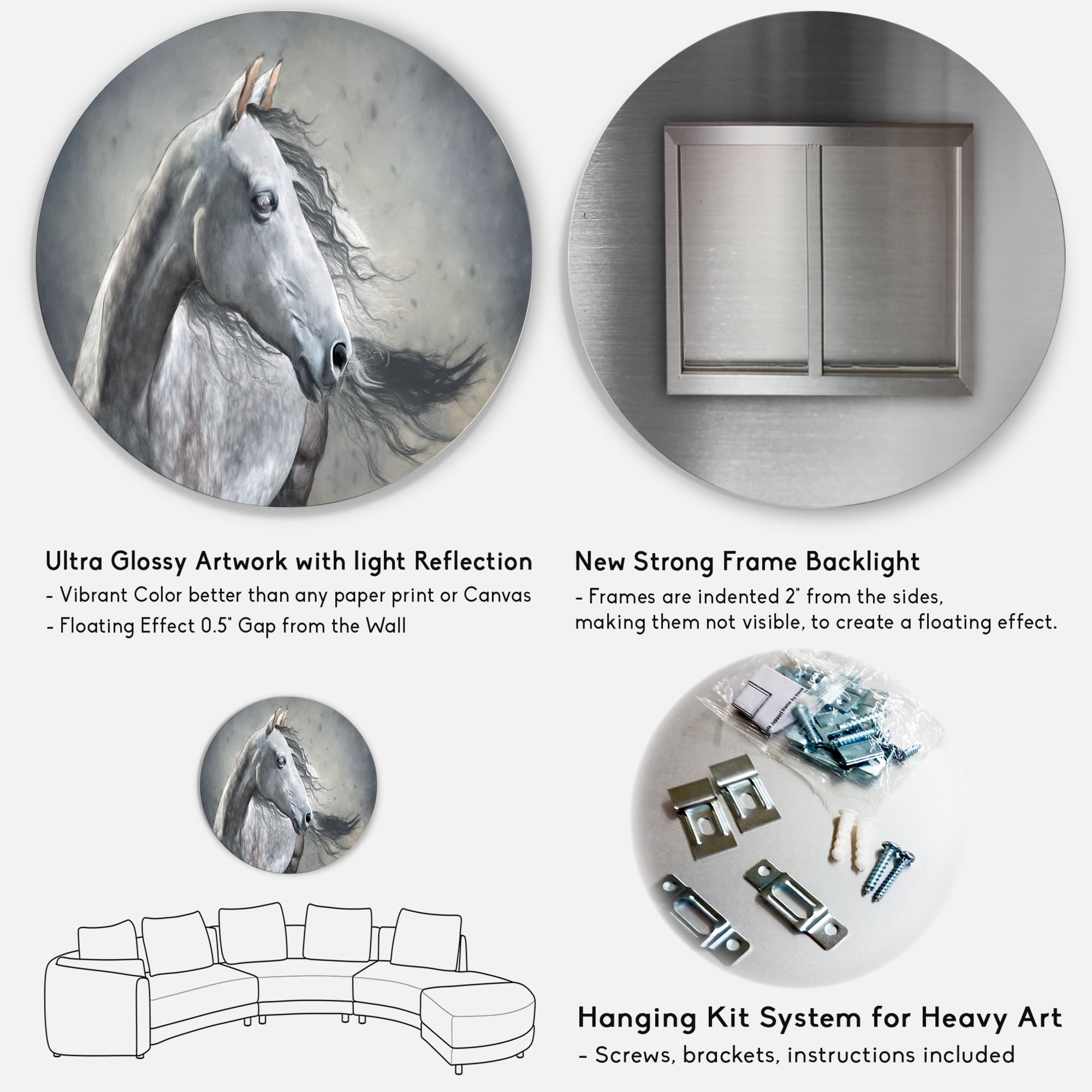 Designart 'Black and White Portrait Of A Wild Horse' Farmhouse Circle Metal Wall Art 11x11 - Disc of 11