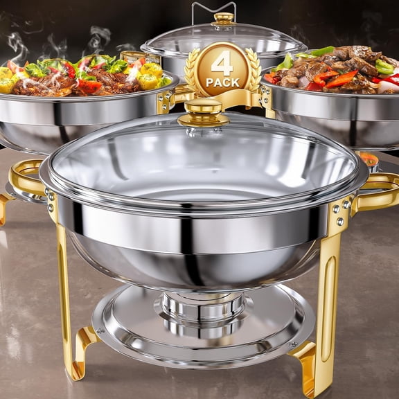Chafing Dish Buffet Set 5QT Round Half-Gold Plated Stainless Steel Chafing Dish with Stainless Steel Lid, Buffet Warmer Set, 4-Pack, for Home Gatherings, Christmas Parties, Catering Events