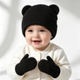 thumbnail image 5 of Lispipm Baby 2 Piece Bear Ear Beenie Hat and Mittens Stretchy Warm Winter Accessory Infant Toddler Kids Indoor Outdoor Knit Set Black 6-36 Months, 5 of 6