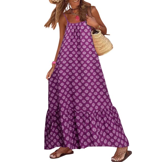 xiaxaixu Femmes Robe Longue Boho Imprimé Sans Manches Été en Vrac Spaghetti Sangle Robe de Soirée pour Cocktail Plage Streetwear