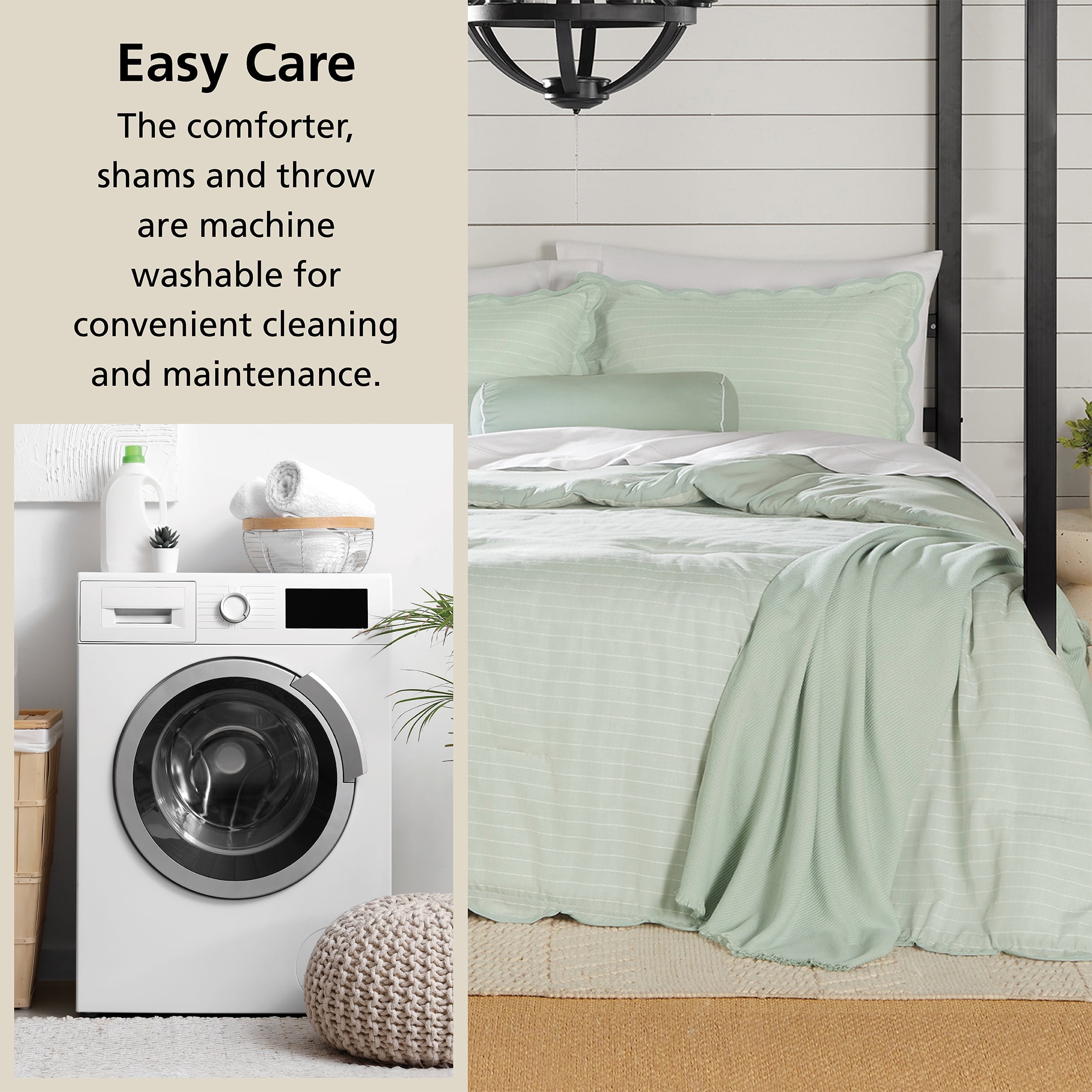 Mainstays King Comforter Set, All-Season, 5-Piece, Sage Pick Stitch Scallop