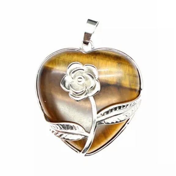 HOOUN Rose Flower Pendant Natural Crystal Stone Gemstone Heart Reiki Chakra Charm Bead-1PC (Random Pick)-Tiger Eye (#1)