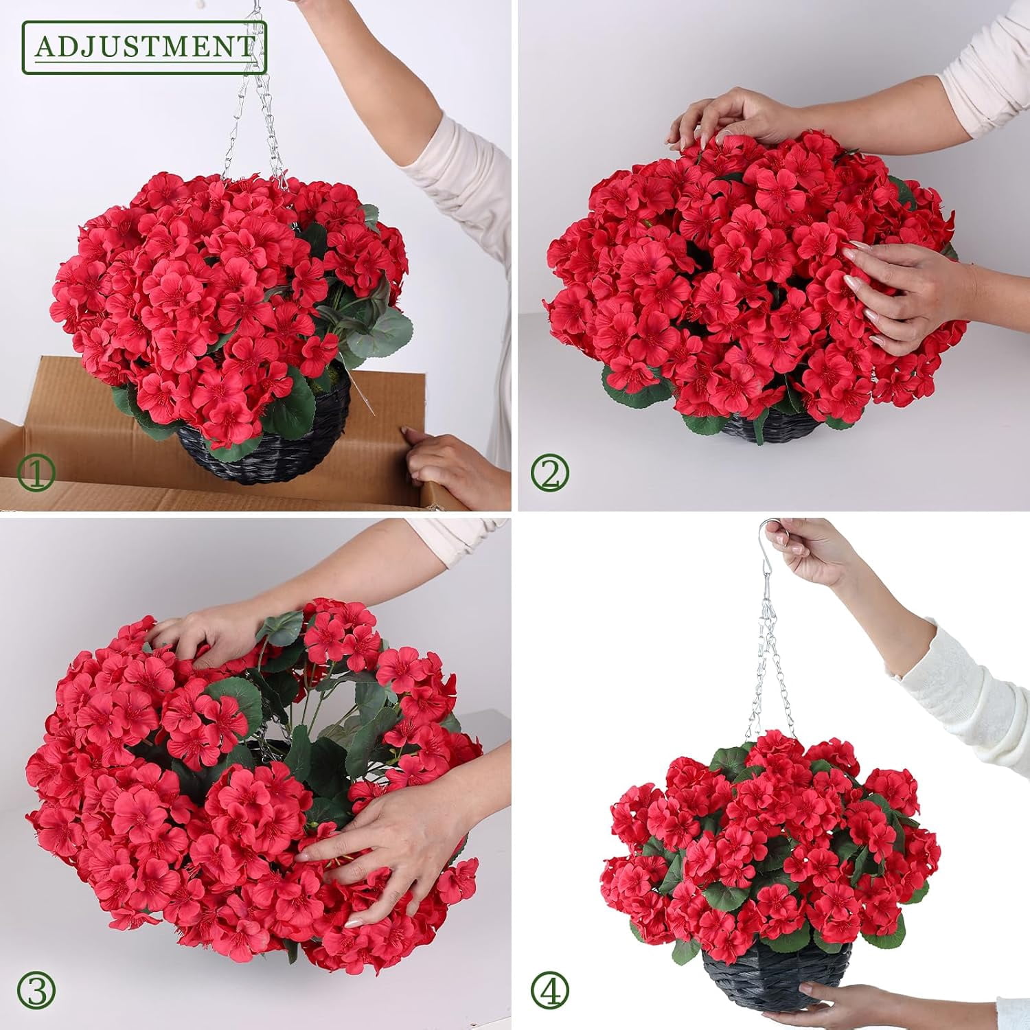 2 Set Artificial Geraniums Flowers with Hanging Baskets for Outdoors - Sun Resistant Silk with Geranium Flowers, Fake Hanging Planters for Front Porch Garden Patio Home Decor (Red)