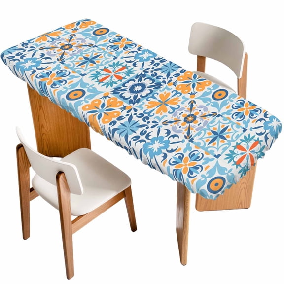 Blue Mediterranean Table Cloths for 8 Foot Rectangle Tables, Vintage Moroccan Tiles Texture Patio Waterproof Elastic Fitted Tablecloths, Washable Rectangular Table Cover for Camping