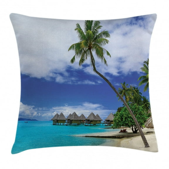 Tropical Throw Pillow Cushion Cover, Water Bungalows of Tropical Resort Bora Bora Island Pacific Ocean Panorama, Decorative Square Accent Pillow Case, 16" X 16", Green Blue, by Ambesonne