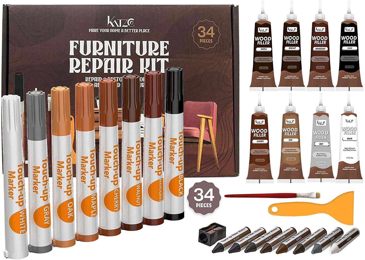 Katzco Total Furniture Repair Kit - Set of 34 - Resin Repair Wood Filler,  Brushes, Markers with Plastic Scraper - for Stains, Scratches, Wood Floors,  Tables, Desks, Carpenters, Bedposts - Walmart.com