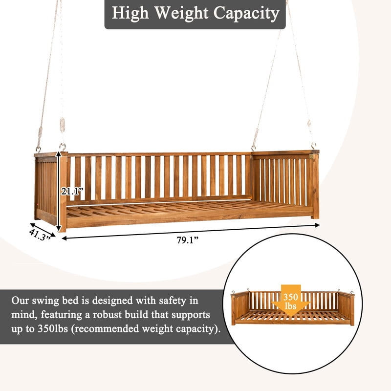 Patio Twin Size Garden Swing Bed, Wooden Porch Swing Frame with Ropes, Outdoor Hanging Swing for Garden, Backyard, Patio, Safe Sloped Design