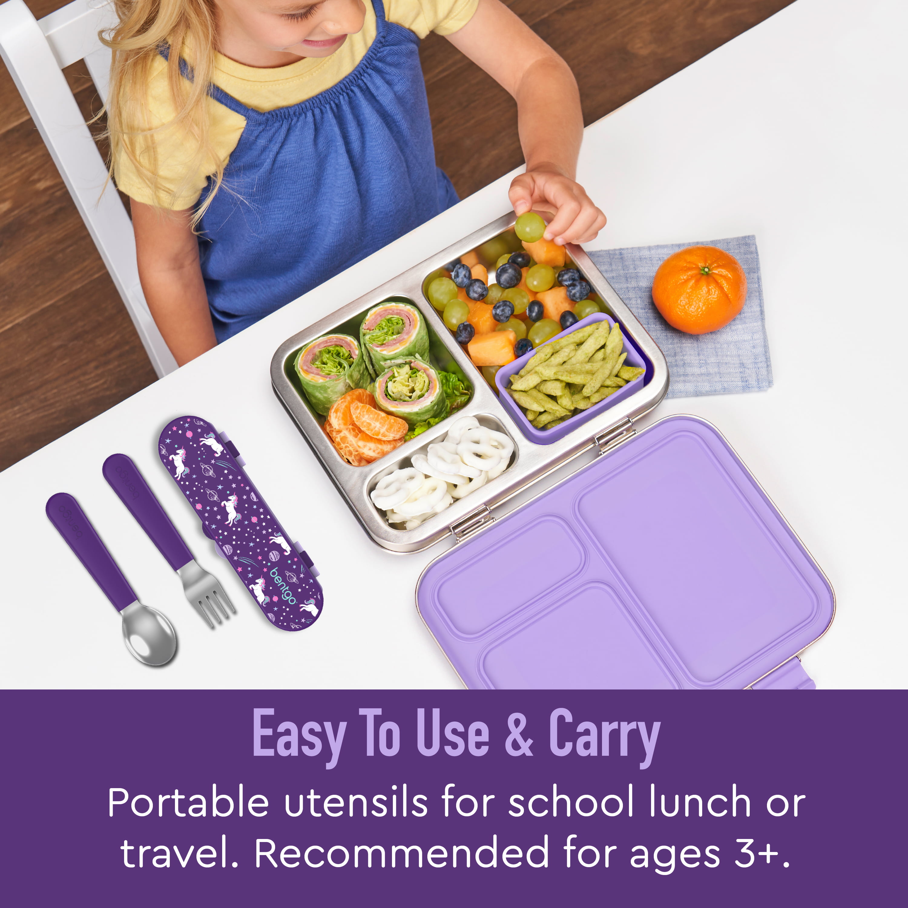 Bentgo® Kids Chill Lunch Box With Kids Reusable Plastic Utensils (Purple)