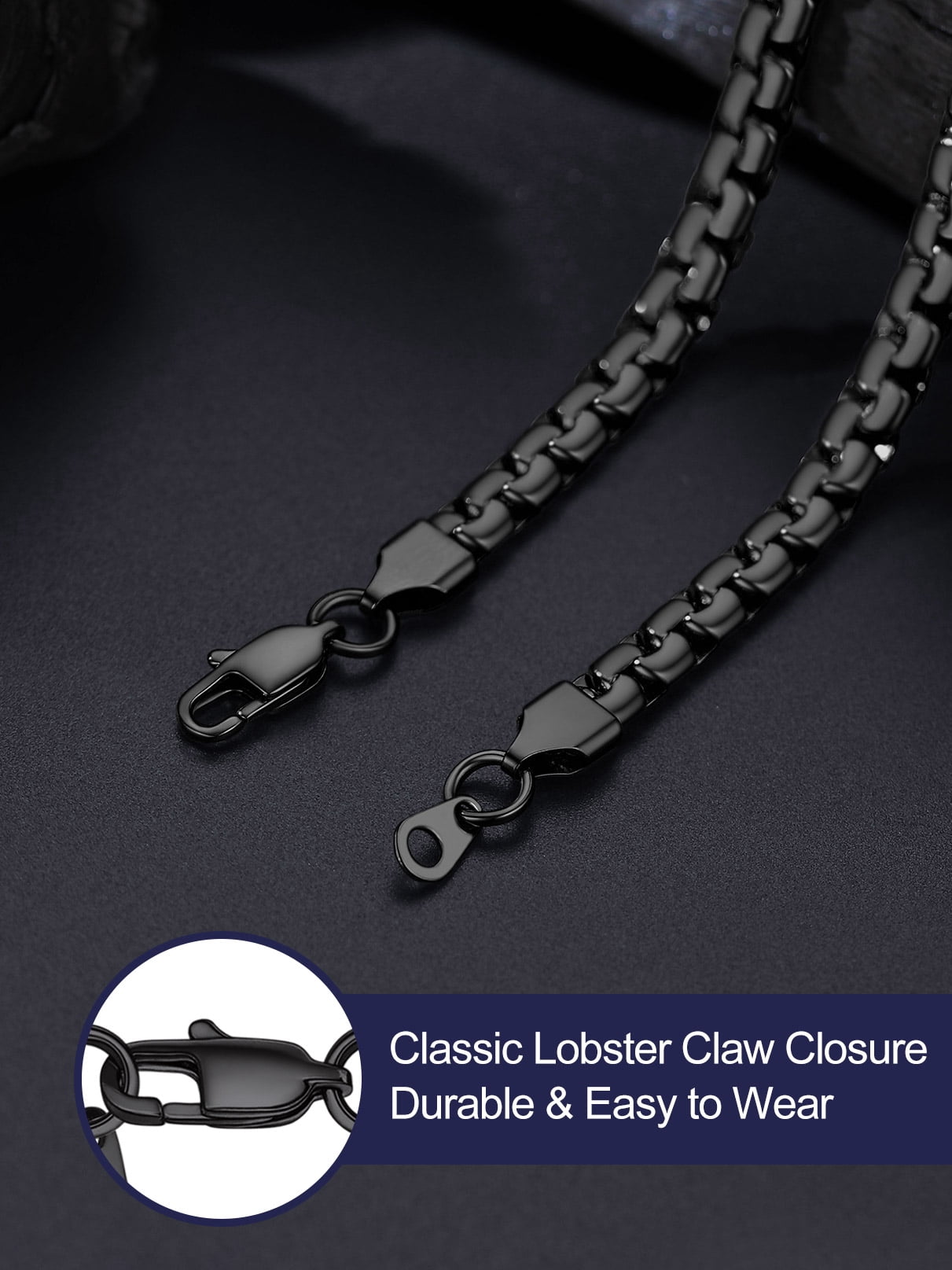 Bandmax 6MM Black Flat Box Link Chains Necklace for Men Women Solid Stainless Steel Cable Chain Jewelry Birthday Father Day Gift for Mens Son Husband Dad