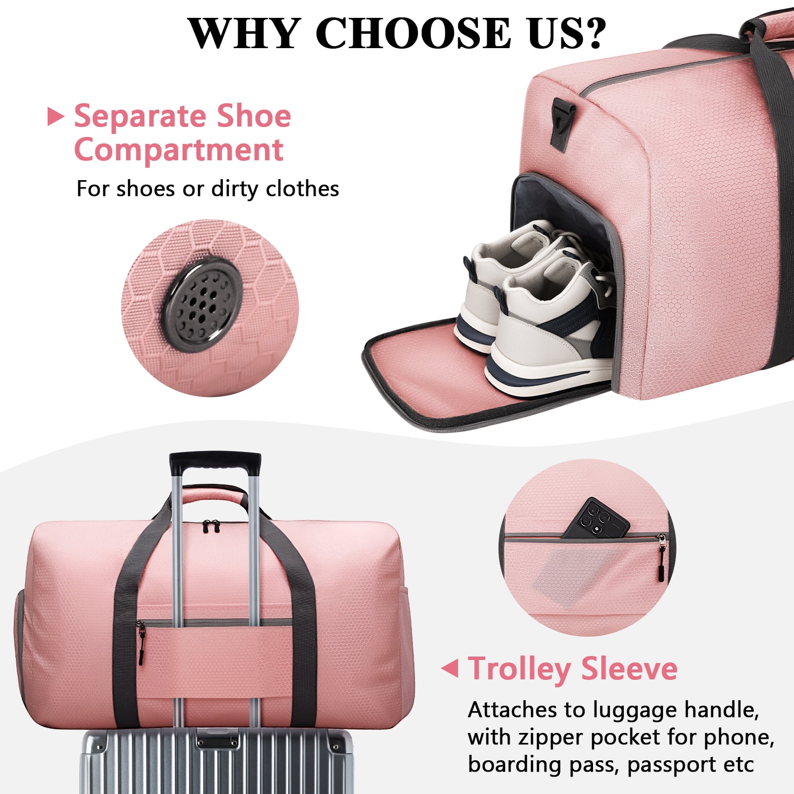 XUEYU 65L Travel Bag, Large Travel Duffel Bags with Shoes Compartment and Adjustable Strap, Foldable Travel Duffel Bags for Men Women,Waterproof Duffel Bags for Traveling Camping, Touring, Pink