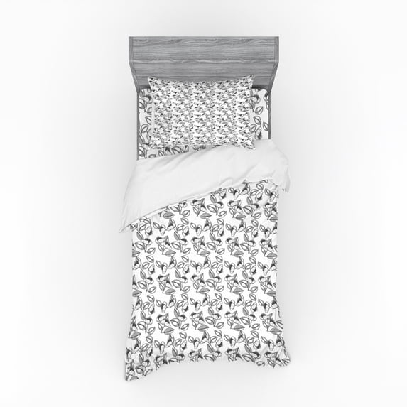 Ambesonne Floral Bedding Set 3 Pcs, Uncolored Summer Flowers, Twin XL, Charcoal Grey White