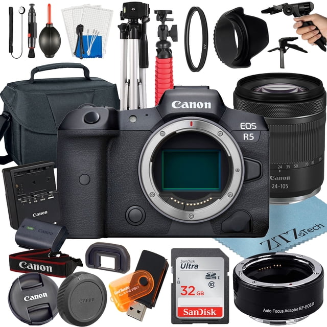 Canon EOS R5 Mirrorless Cámara Digital con Lente RF 24-105mm STM + Adaptador de Montura + SanDisk de 32GB + Accesorio ZeeTech