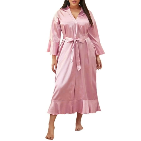 KVMeteor Womens Plus Size Satin Silk Lingerie Kimono Nightgown Robe Long Sleeve Sleepwear Babydoll Nightdress