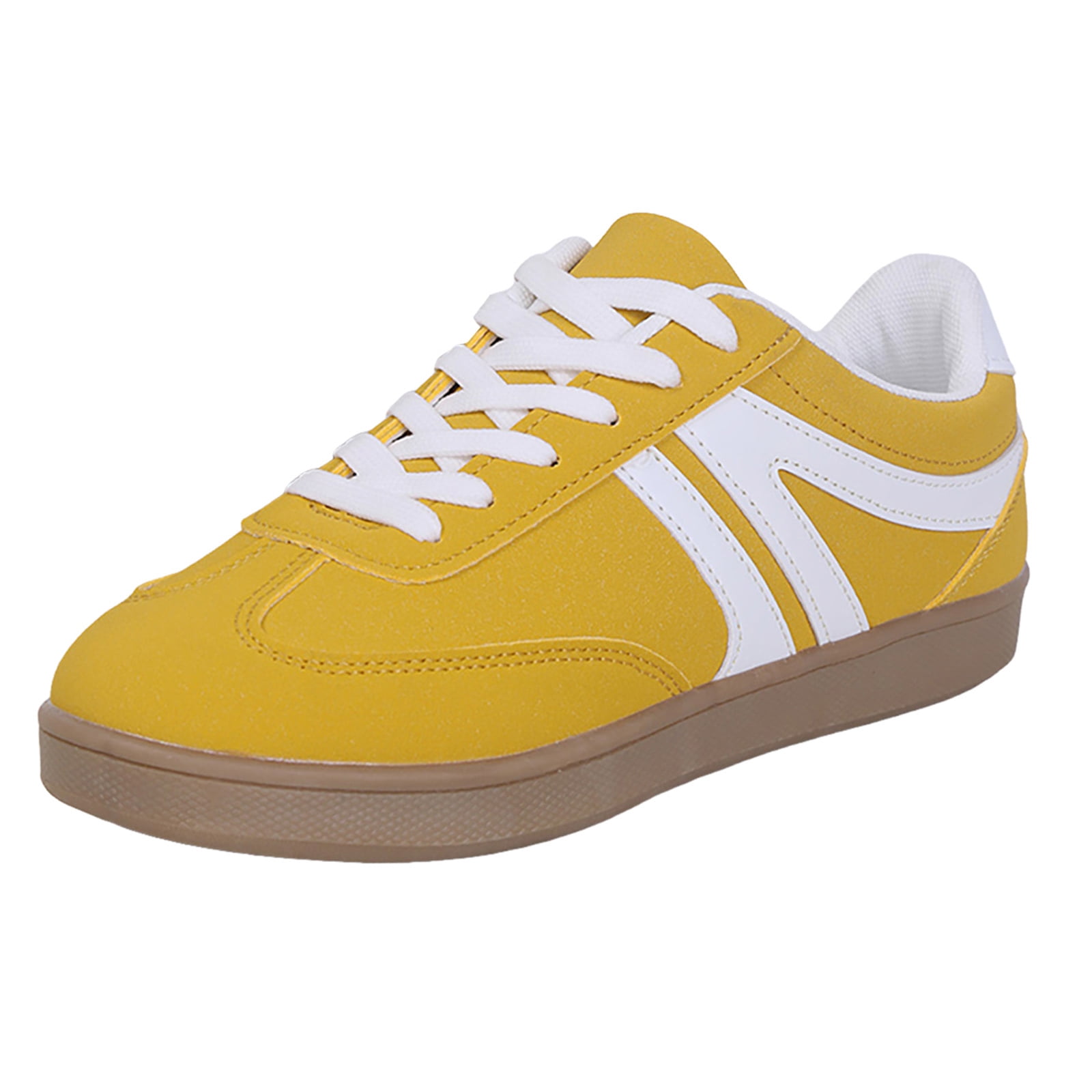 Tennis Shoes Womens Lace up Retro Classic Trainers Skate Shoes Fashion Suede Color Block Sneakers Nonslip Flat Walking Shoes Yellow Size 6