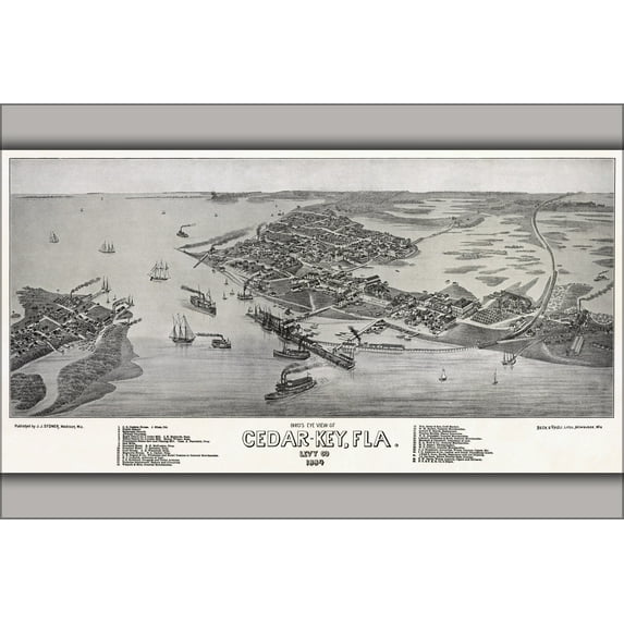 24"x36" Gallery Poster, Bird's eye view of Cedar Key, Florida c1884