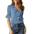 thumbnail image 1 of INSPIRE CHIC Women's Ruffled V Neck Puff Elbow Sleeve Semi-Sheer Chiffon Blouse M Dusty Blue, 1 of 8