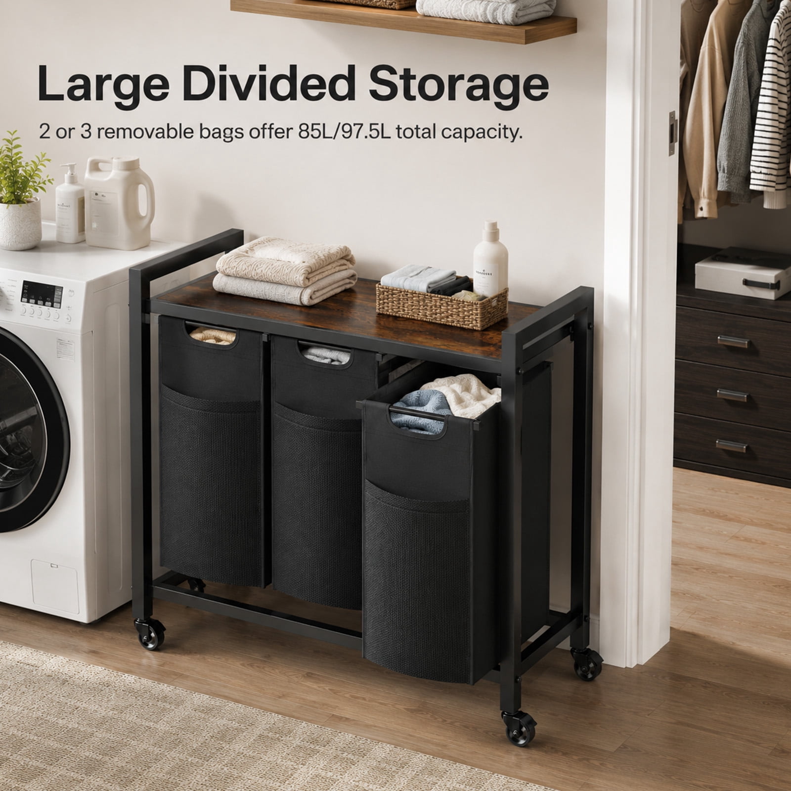 Alvantor Laundry Hamper 2/3 Section, 2 × 11.2 Gal (42.5 L)/3 × 8.6 Gal (32.5 L), Rolling Laundry Basket, Pull-Out and Removable Oxford Fabric Laundry Bags