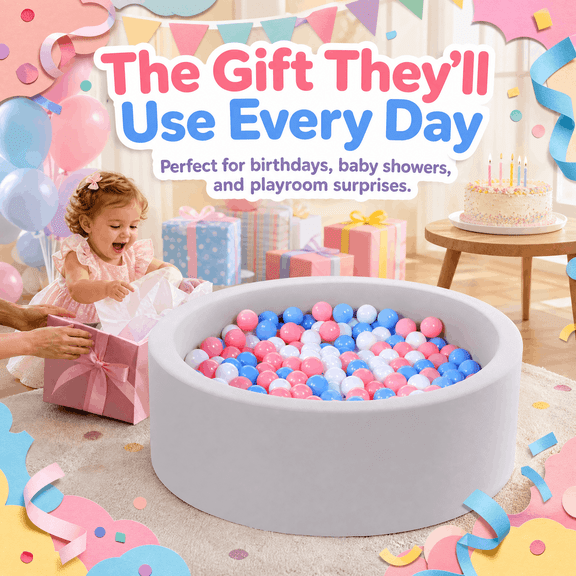 Sisticker Baby Foam Ball Pit with 100 Pink White and Blue Balls, Round Soft Play Ball Pool for Toddlers Ages 1-3, Indoor Kids Ball Pit Playpen for Nursery and Playroom, Gray