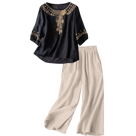 Cagogo Women Plus Size Two Piece Set Round Neck 3/4 Sleeve Blouse Wide Leg Pants Casual Solid Boho Loose Matching Outfits Summer Business Cruise Travel Clothes, Black 2XL