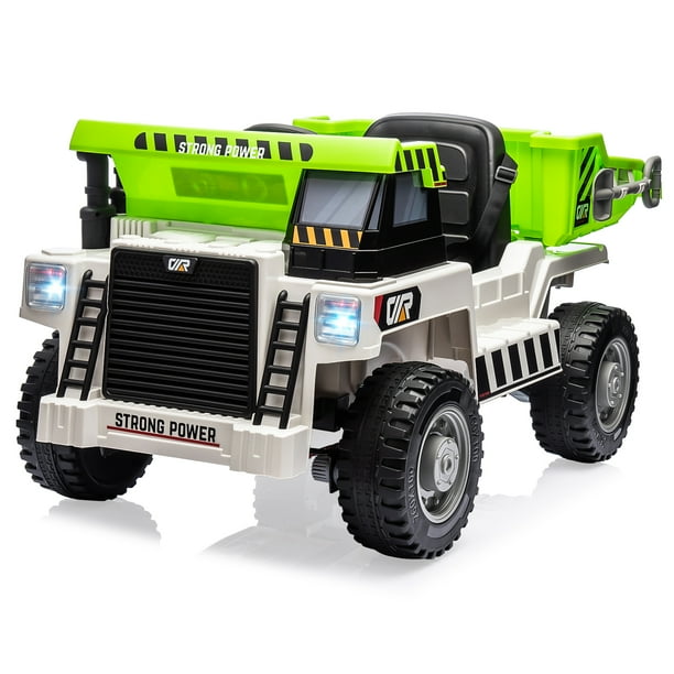 Camión volquete para niños, coche eléctrico 12V con caja volquete eléctrica, control remoto y pala extra, vehículo de construcción con USB, MP3, reproductor de música (blanco y verde)
