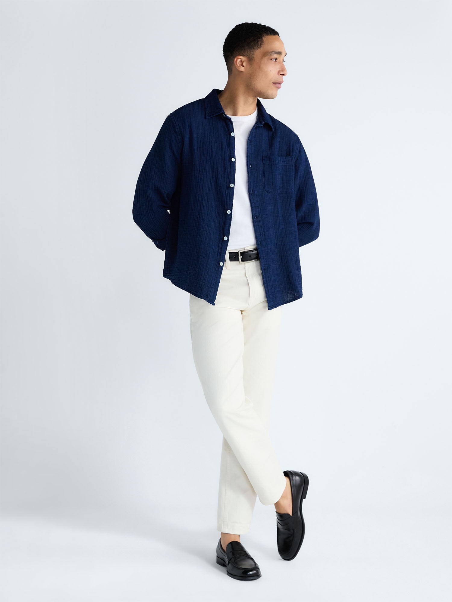 Free Assembly Men's Button Front Double Cloth Shirt with Long Sleeves, Sizes XS-3XL