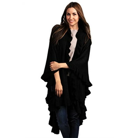 Knit Wrap - Ruffle Trim Knit Poncho-like Shawl Wrap. 44 Black