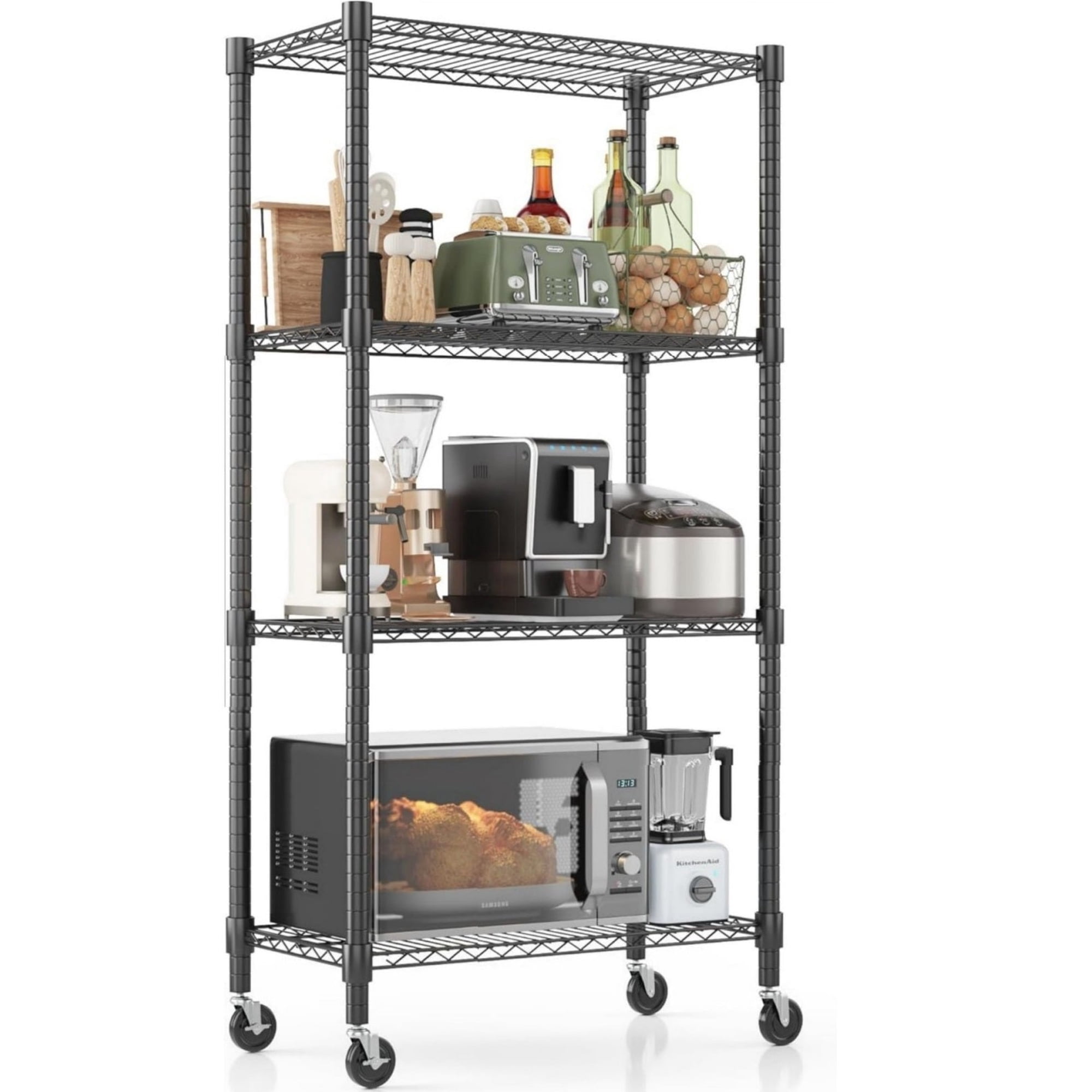 Sailvan 4-Tier Heavy Duty Metal Storage Shelves with Wheels, 30"W x 14"D x 72"H, 1200LBS Capacity Adjustable Wire Shelving Unit, Black
