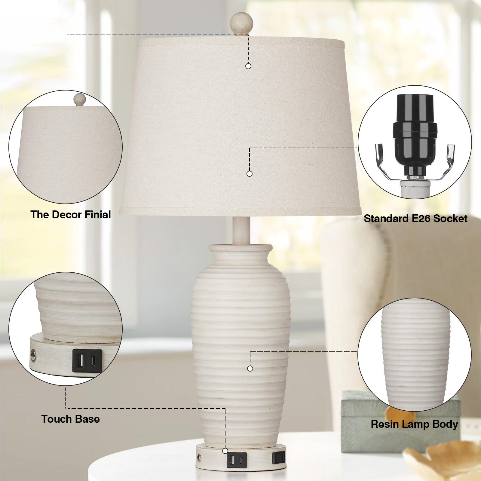 Cinkeda 25" Touch Control Table Lamp Set of 2, White Resin Jar photo 3