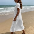 thumbnail image 5 of Wovilon Women's V-Neck Short Sleeve Shift Dress with Button Details, Cotton Linen Blend Loose Fit Casual Summer Midi Dress for Vacation and Daily Wear, 5 of 6