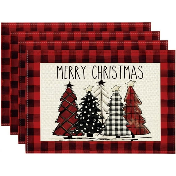 THOPBPRK Red and Black Buffalo Plaid Christmas Trees Placemats Set of 4, 12x18 Inch Winter Table Mats for Outdoor Home Party Kitchen Dining Christmas Decor