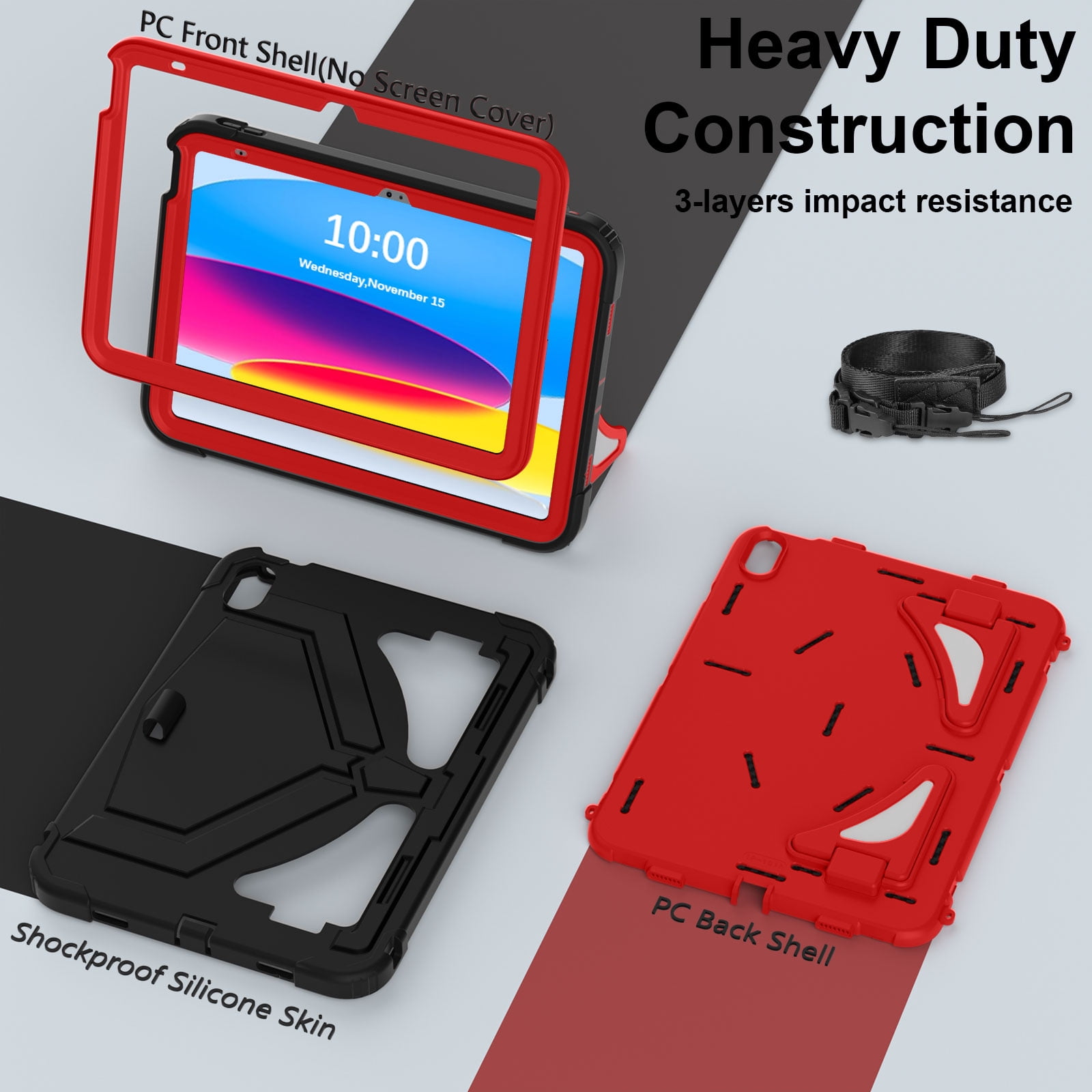 Allytechgroup Kids Case for Apple iPad A16 11" 11th Gen 2025/ iPad 10th Gen 10.9" 2022, Heavy Duty Shockproof Kickstand Cover with Shoulder Strap & Pencil Holder Kids Friendly, Black+Red