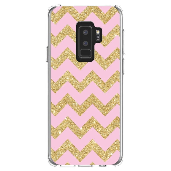 DistinctInk Clear Shockproof Hybrid Case for Samsung Galaxy S9  PLUS (6.2" Screen) - TPU Bumper, Acrylic Back, Tempered Glass Screen Protector - Pink & Gold Print - Chevron Pattern