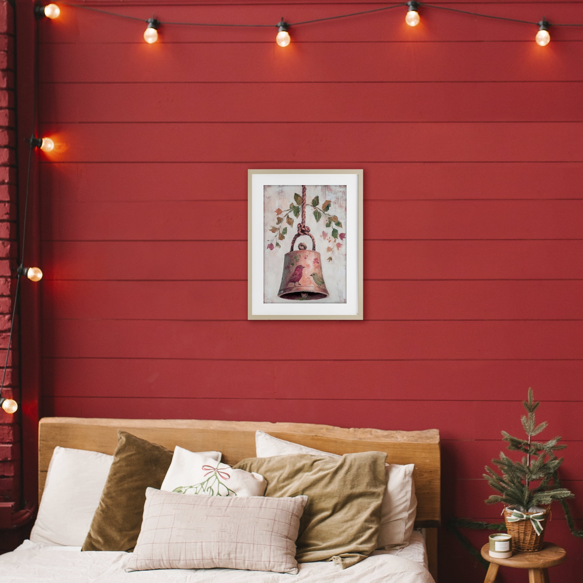 Vintage Christmas Bell Birch Framed Print Under Glass, design by Petal Prints Design