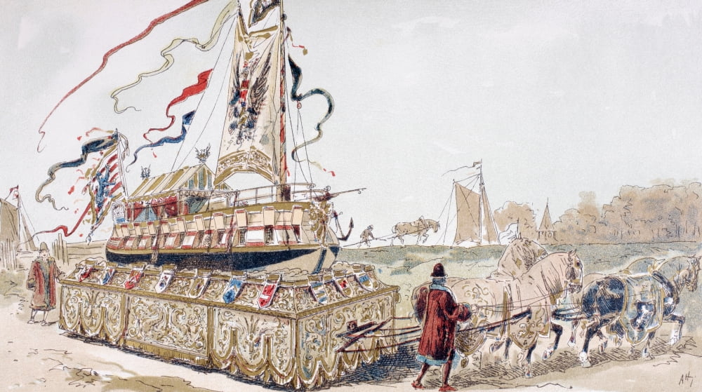 A Royal Barge Being Pulled On A Wagon By Horses To A Canal In The 16Th Century After A Watercolour By A Heins From Cortege Historique Des Moyens De Transport Published Brussels 1886 Canvas Art - Ken W
