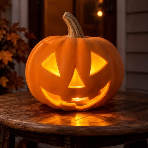 Halloween Pumpkin Jack O Lantern, LED Lighted Foam Carved Decoration with Flickering Candle for Patio Window Table Display