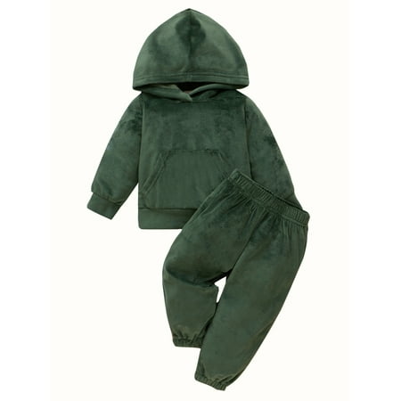 

Sunisery Autumn Casual Baby Girls Boys Clothes Sets Solid Fur Plush Long Sleeve Hooded Pocket Tops Pants Army Green 12-18 Months