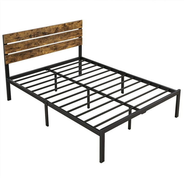 Topeakmart Rustic Metal Full Bed with Wooden Headboard