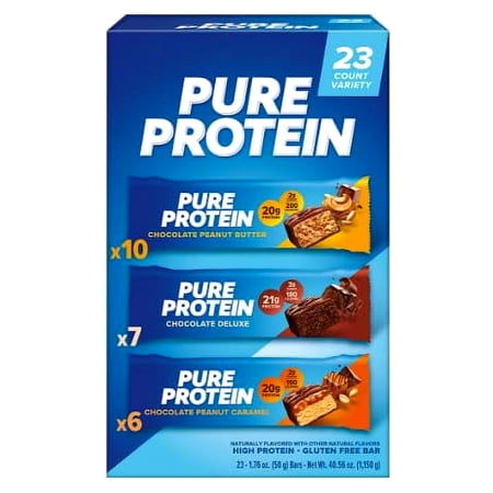 Pure Protein Bars Variety RE32 Pack 10 Chocolate Peanut Butter, 7 Chocolate Deluxe, 6 Chocolate Peanut Caramel(23 ct.)