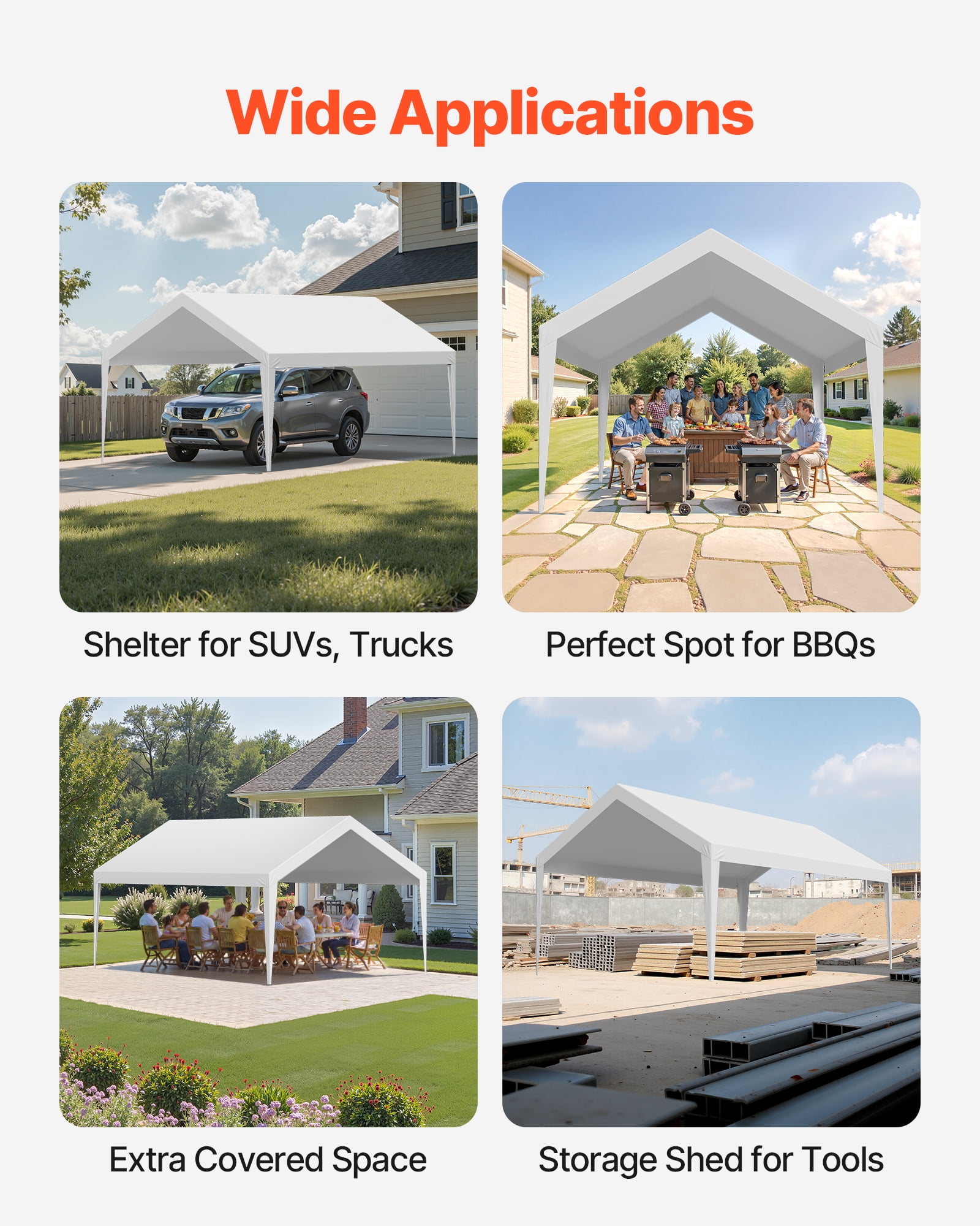 VEVOR Carport Replacement Canopy, 12 x 20 ft Potable Garage Tent Top Tarp, UV-Resistant & Waterproof Car Shelter Tarp, Heavy Duty Car Port Cover with Ball Buggees, White, Frame Not Included