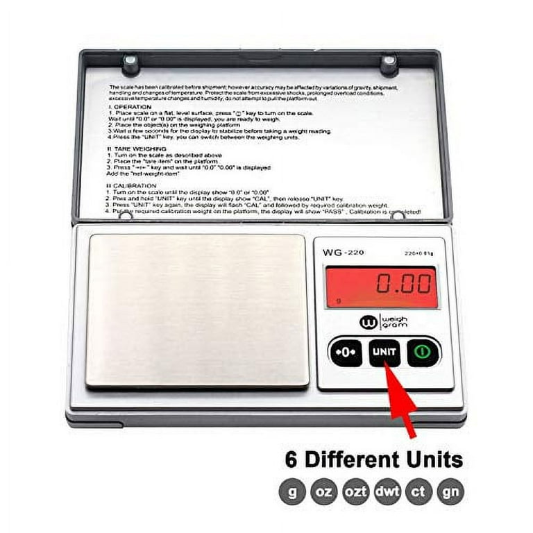 Gram Scale 220g/ 0.01g, Digital Pocket Scale 100g calibration weight,Mini  Jewelry Scale, Kitchen Scale,6 Units Conversion, Tare & LCD Display, Auto  Off, Rechargeable Battery 