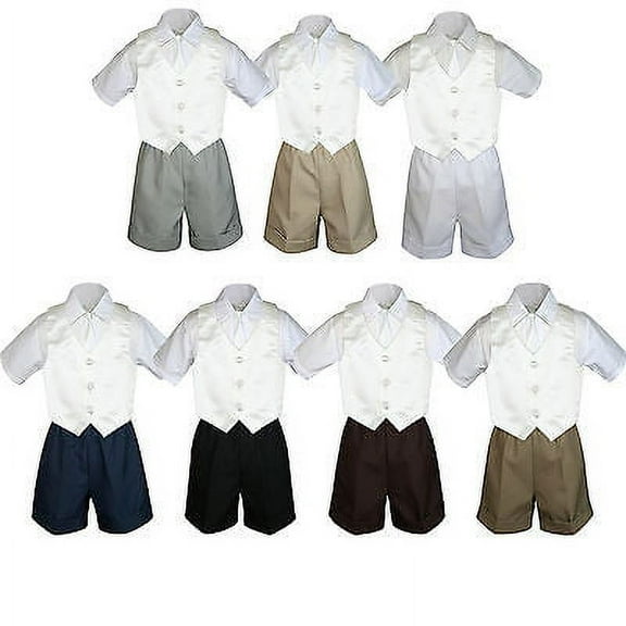 4pc Set Boy Toddler Formal Ivory Vest and Necktie Black Navy Khaki Shorts S-4T