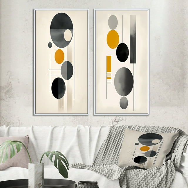 Designart "Simple Circles Geometric Minimalism IX" Modern Geometric Framed Wall Art Set Of 2 - Modern Yellow Frame Gallery Set For Office Decor