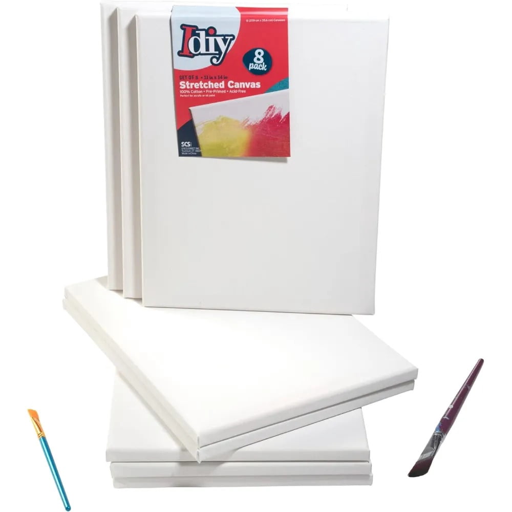iDIY Stretched Canvas Board 11 x 14 (Set of 8) 5/8 - Classic White Blank, Pre Primed for Oils or Acrylics, 100% Cotton, Acid Free - Professional Grade for Painting or Art Project, Craft, Mixed Media